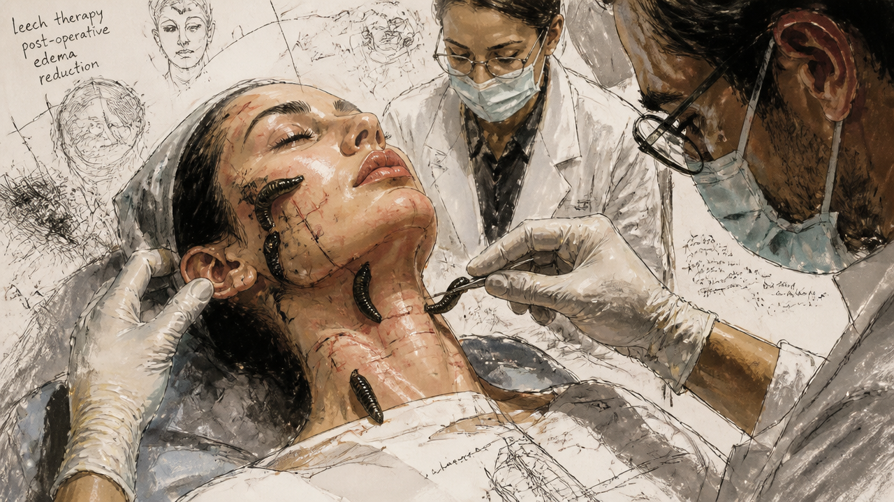 Medical illustration of a patient receiving leech therapy on the neck during a surgical procedure.