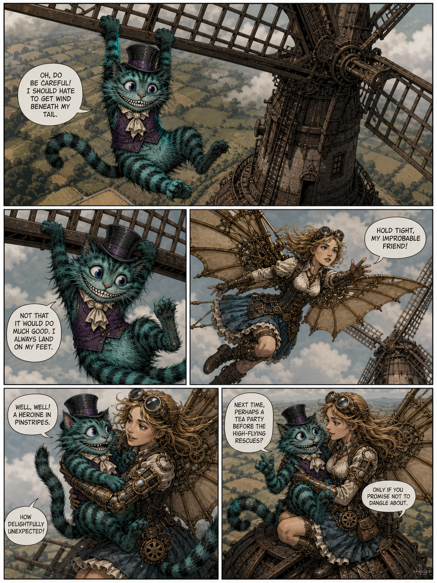 A teal, top-hatted cat-like character and a female steampunk heroine cling to a windmill's wooden structure high above a c...