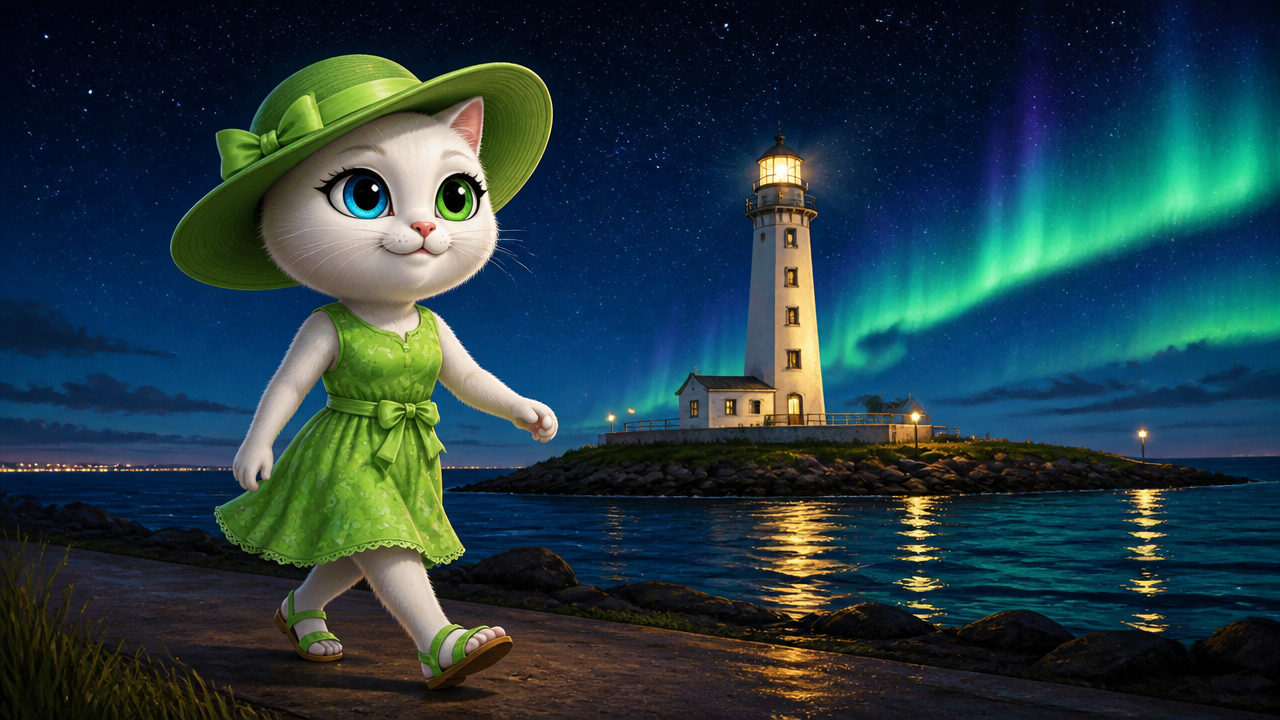 Anthropomorphic white cartoon cat in a green sunhat and dress walks a coastal boardwalk at night, with a lit lighthouse an...