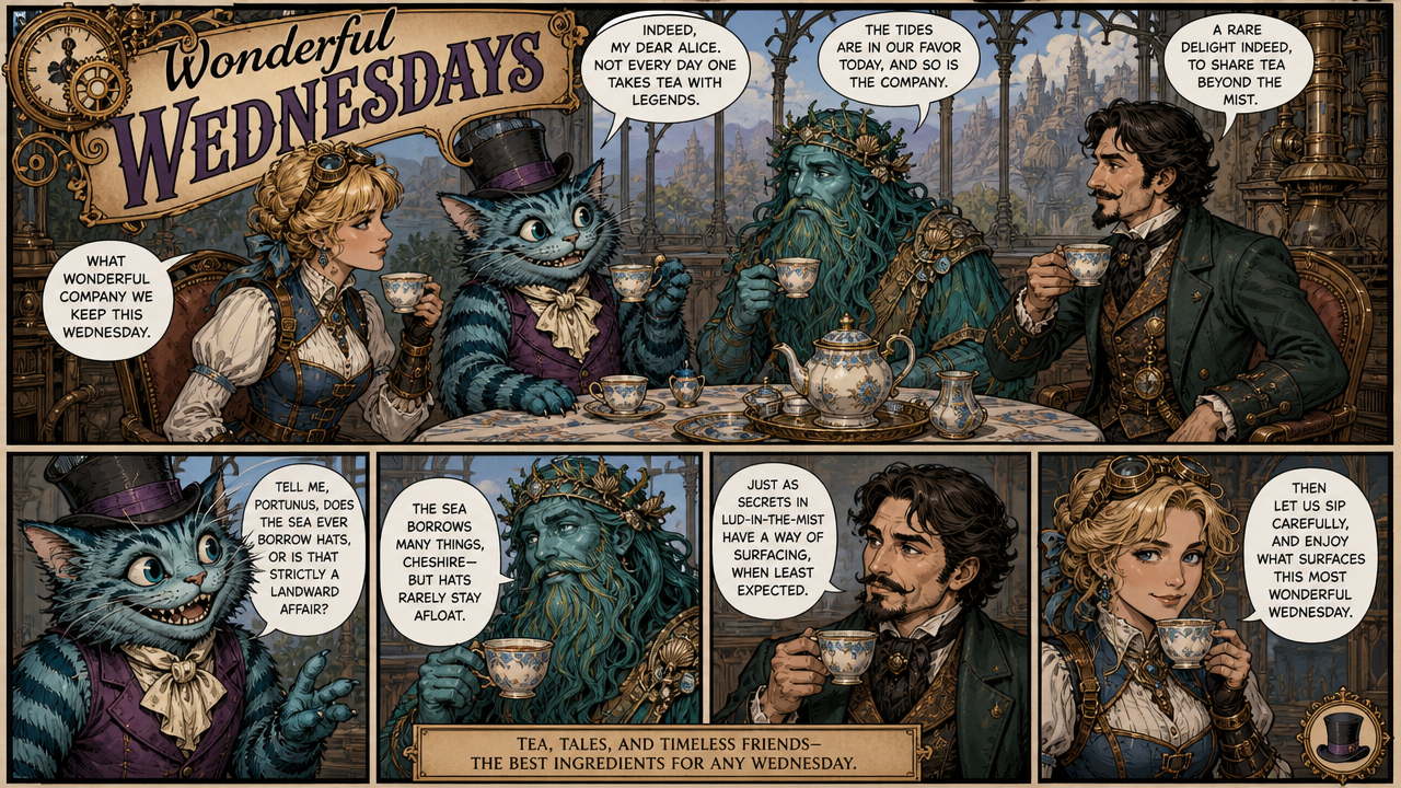 Steampunk "Wonderful Wednesdays" comic strip featuring reimagined Alice, Cheshire Cat, and sea god Portunus at a whimsical...