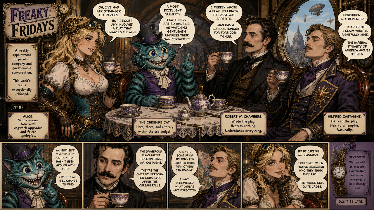 Steampunk "Freaky Fridays" comic strip featuring Alice, Cheshire Cat, and literary guests at a whimsical Victorian tea par...