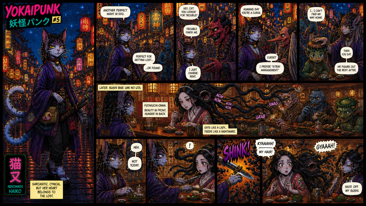Yokaipunk #5 comic page featuring nekomata catgirl Haiko in neon-lit cyberpunk Edo, interacting with Japanese mythical yok...