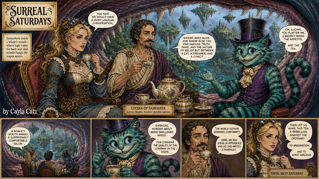 Steampunk surreal comic page "Surreal Saturdays" featuring steampunk Alice, Lucian, and a dapper Cheshire Cat having tea i...