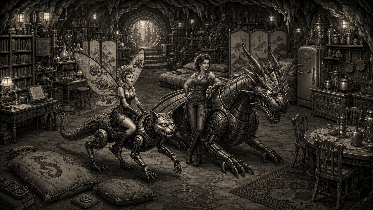 Grayscale steampunk cave lair: a mechanical fairy rides a robotic cat, while an adventurer leans on a giant metal steampun...