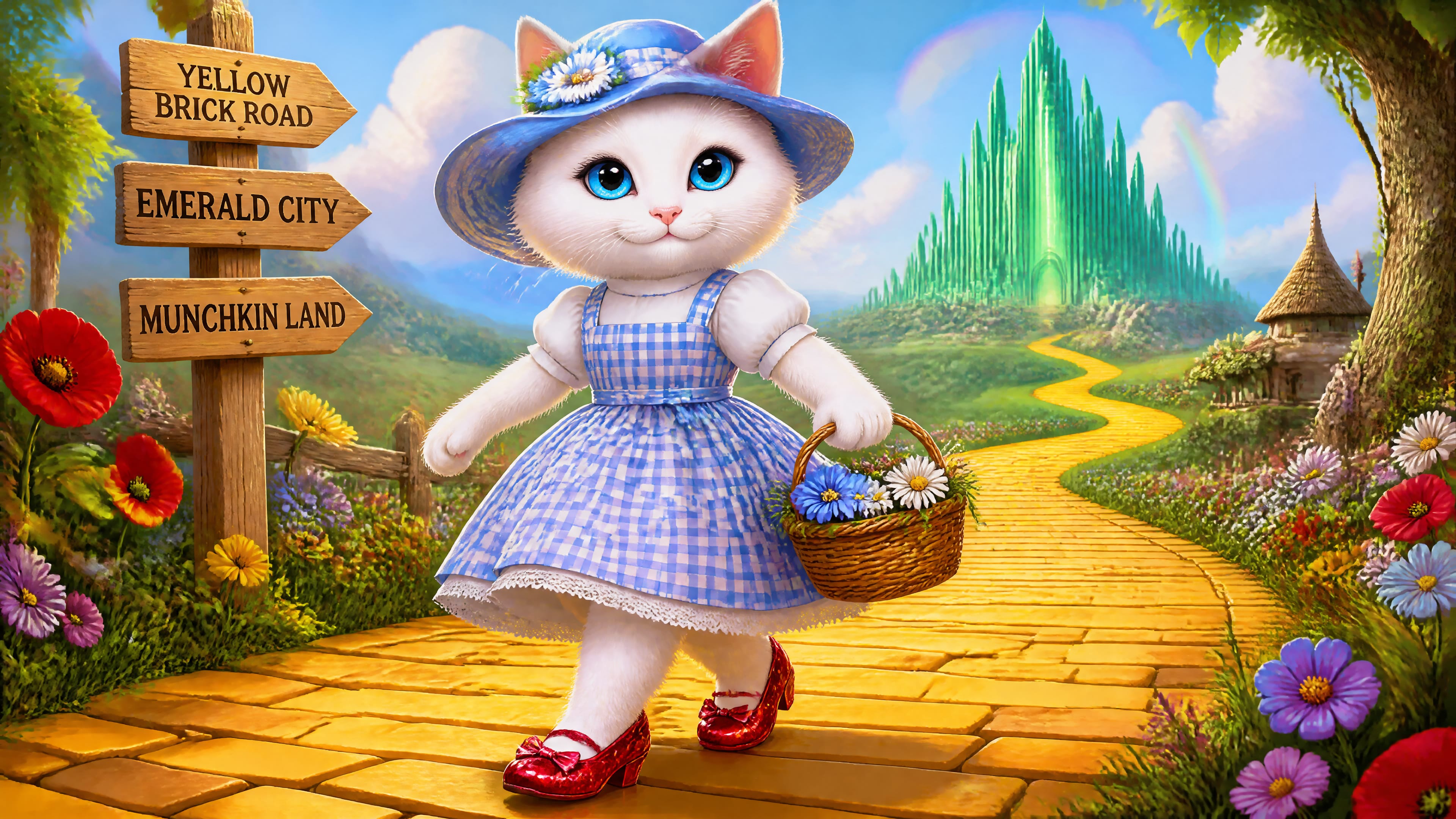 Anthropomorphic white cat dressed as Wizard of Oz's Dorothy walks the Yellow Brick Road toward Emerald City carrying a flo...