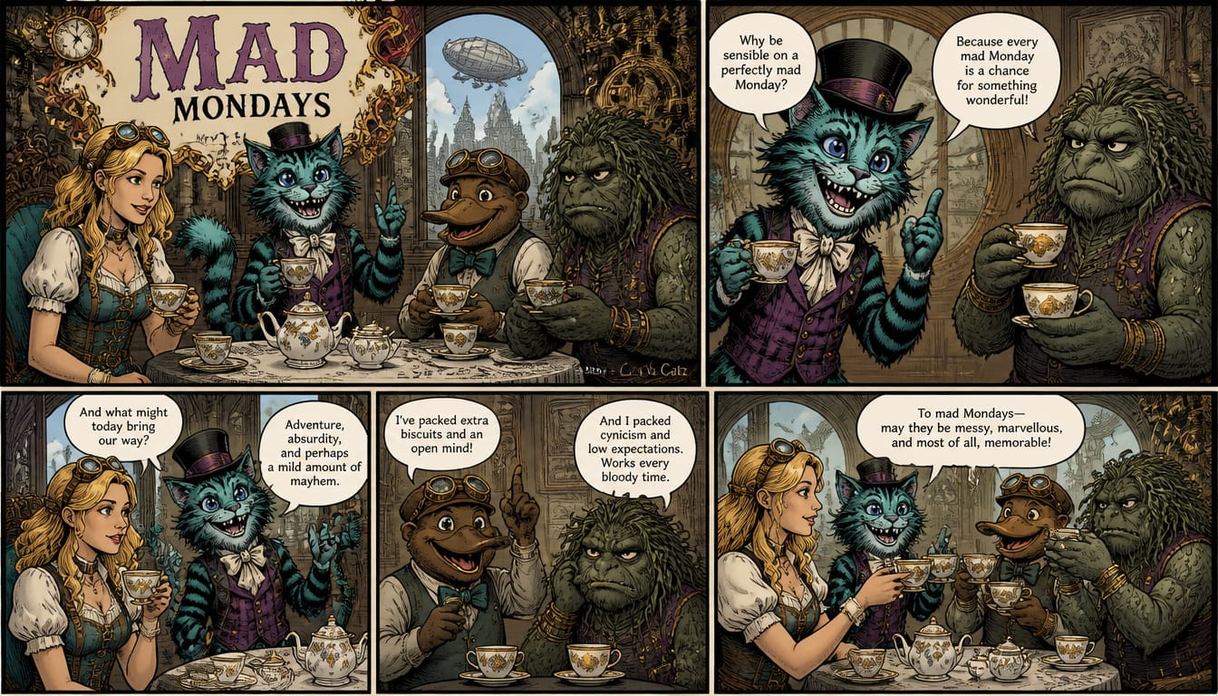 Steampunk "Mad Mondays" comic strip featuring a tea party of Cheshire Cat, steampunk Alice, platypus, and
