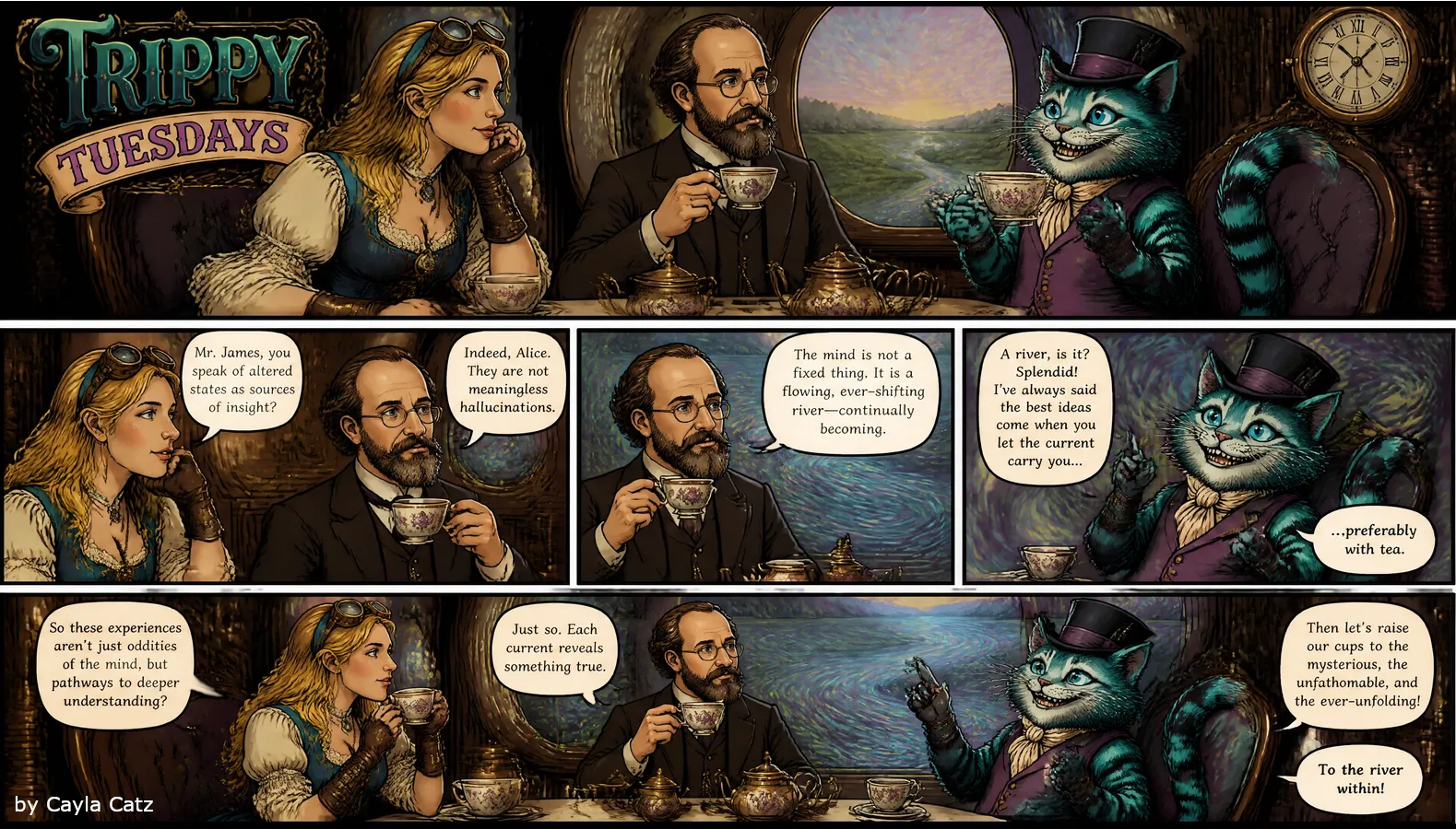 Trippy Tuesdays steampunk comic: Alice, William James, and Cheshire Cat share tea on a train, discussing the mind as an ev...