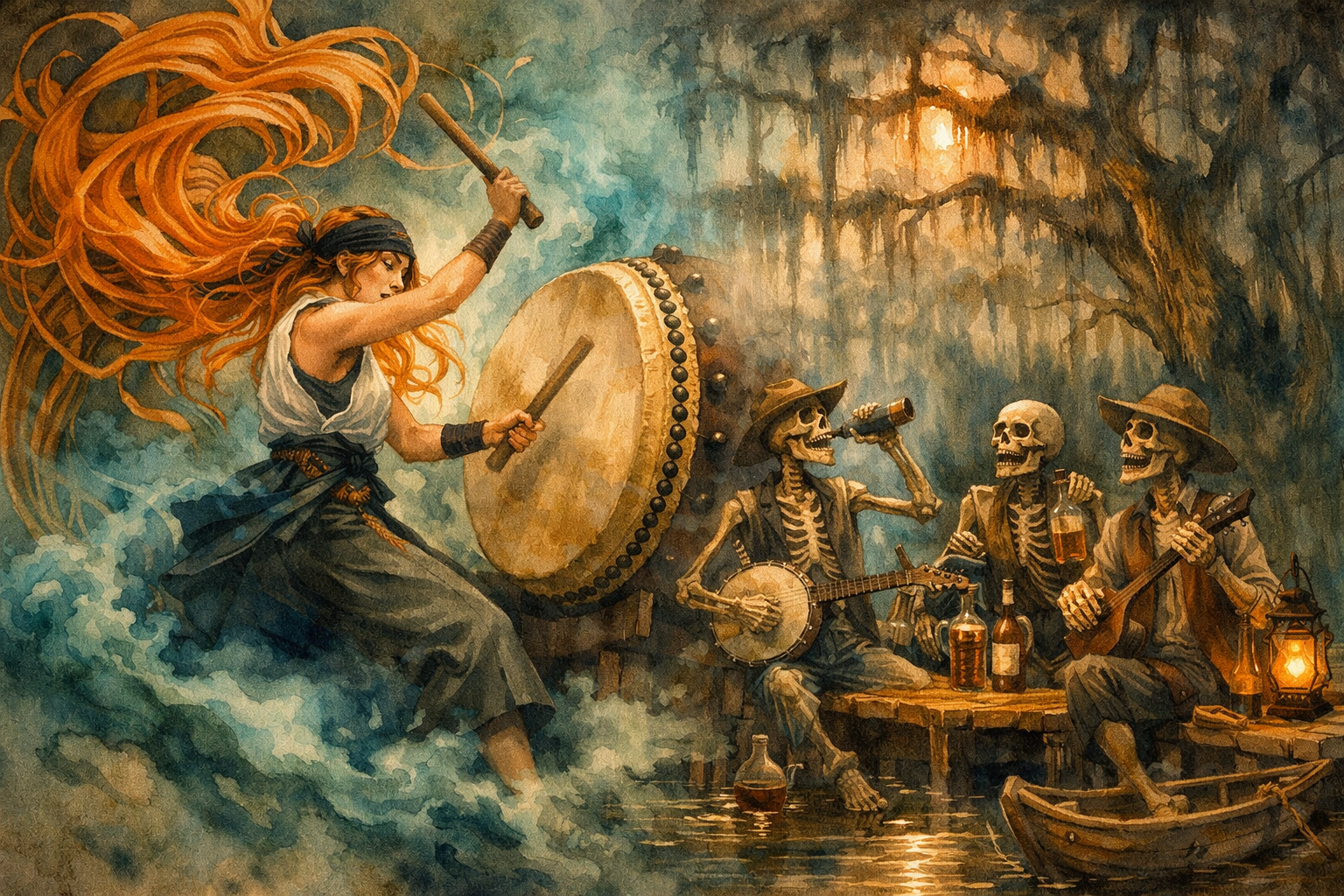Watercolor swamp jam artwork: red-haired drummer plays alongside three skeleton folk musicians partying in a misty Louisia...