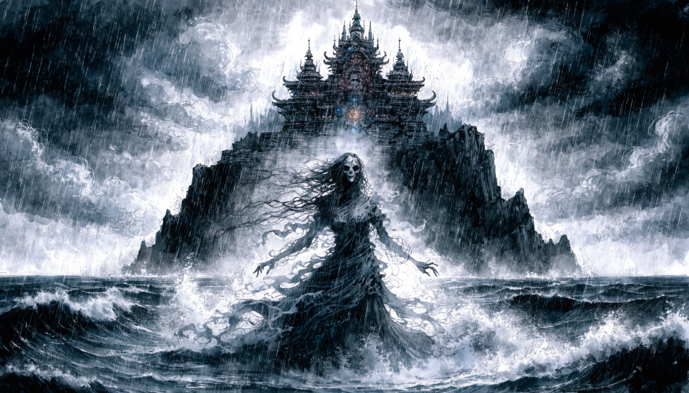 "Skeletal sea wraith rising from a stormy ocean before a cliffside pagoda-style haunted temple, dark gothic fantasy horror...