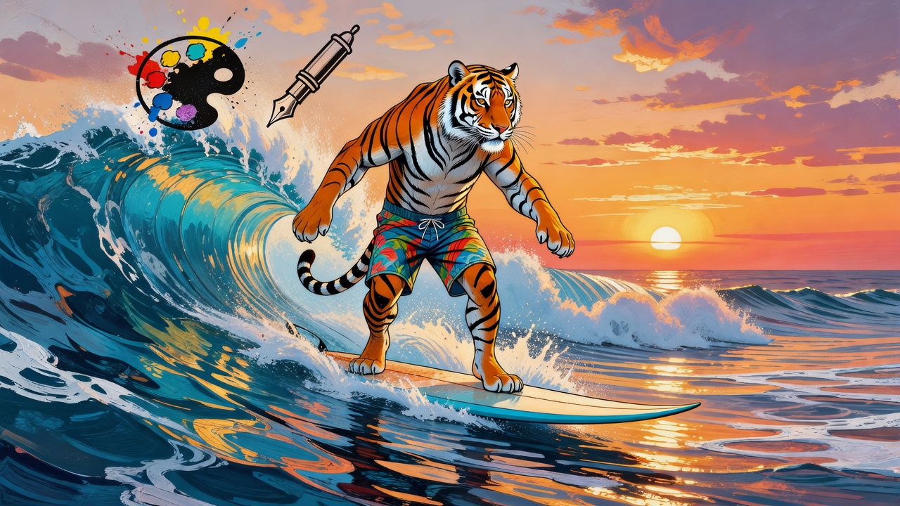 Anthropomorphic tiger in floral board shorts surfing an ocean wave at sunset, with floating artist paint palette and fount...
