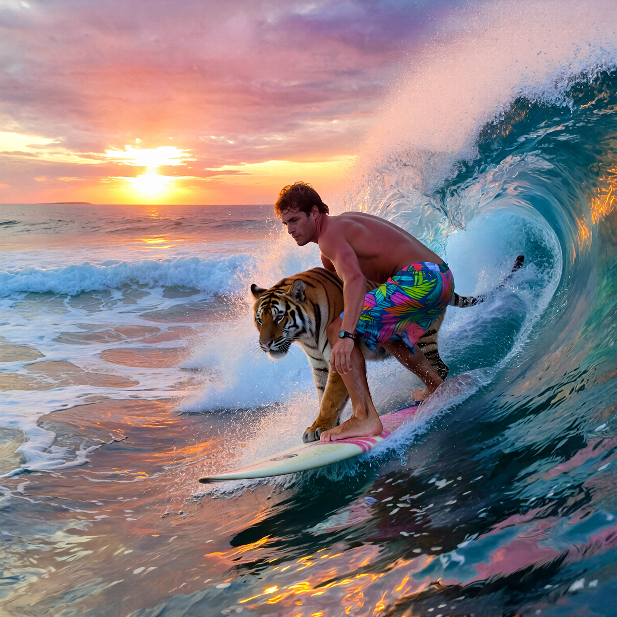 Male surfer and a tiger ride the same surfboard inside a curling ocean barrel wave at colorful pink and orange sunset.