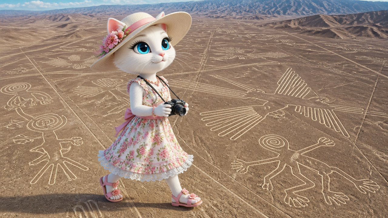 [Cute anthropomorphic cartoon cat tourist holding a camera stands on the Nazca Lines desert plain surrounded by ancient ge...