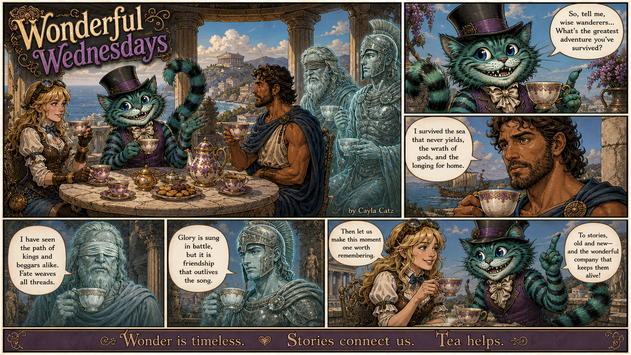 Multi-panel "Wonderful Wednesdays" fantasy webcomic of characters sharing tea and stories at a seaside ancient terrace.