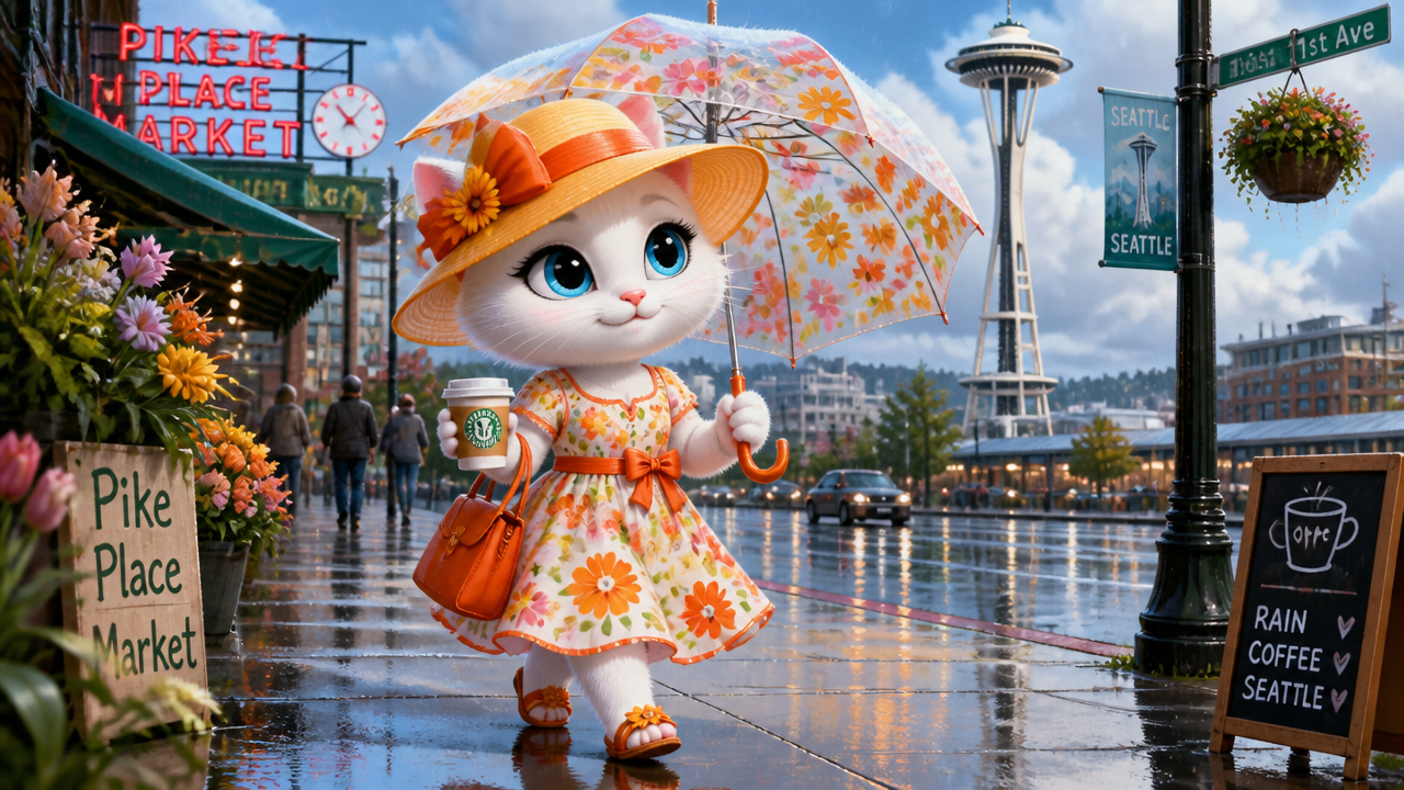 [Adorable anthropomorphic white cat with umbrella and coffee strolls rainy Seattle's Pike Place Market, Space Needle in ba...