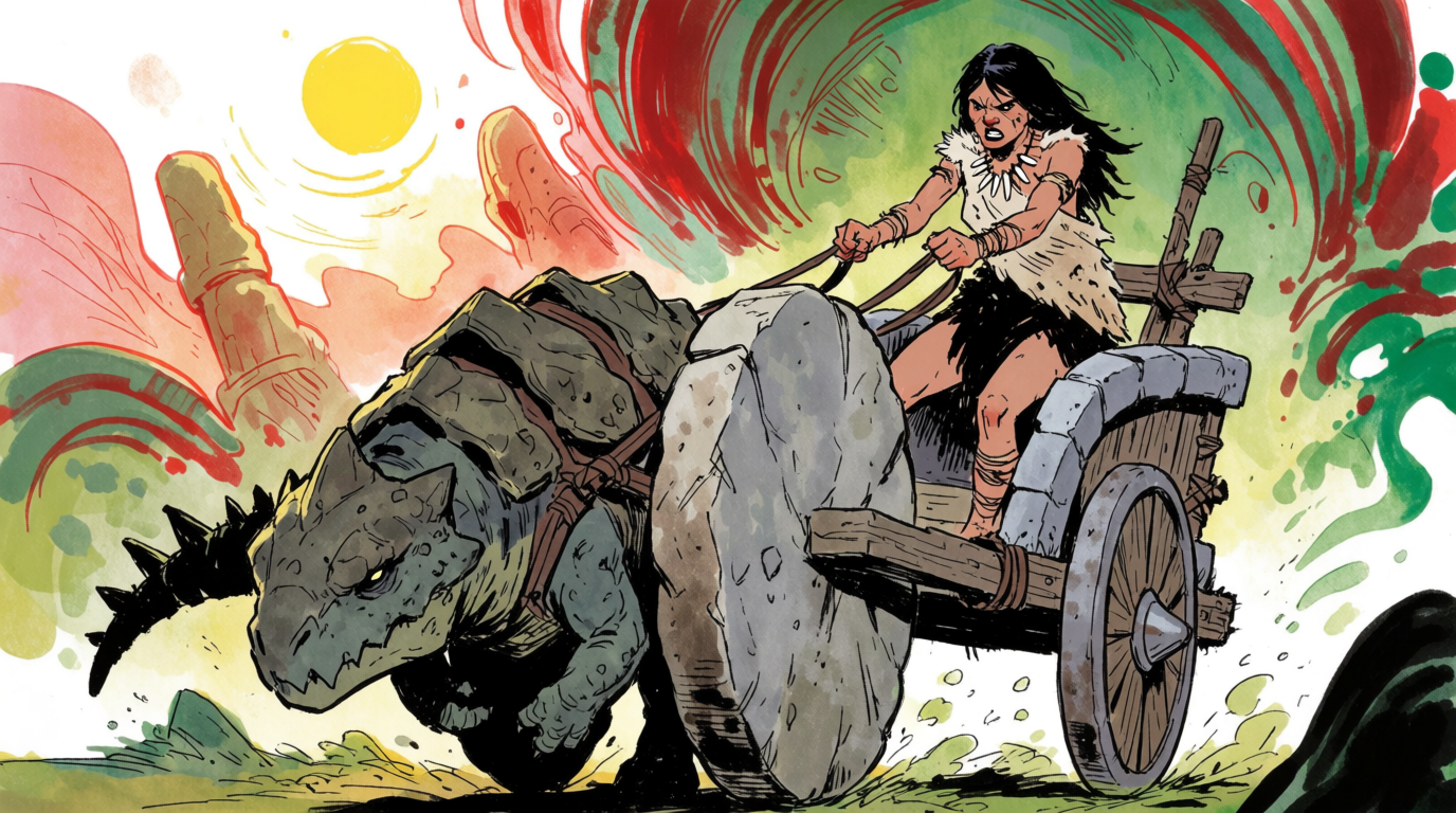 Fierce prehistoric cavewoman drives a stone wheel cart pulled by an armored ankylosaur beast in vibrant fantasy comic art
