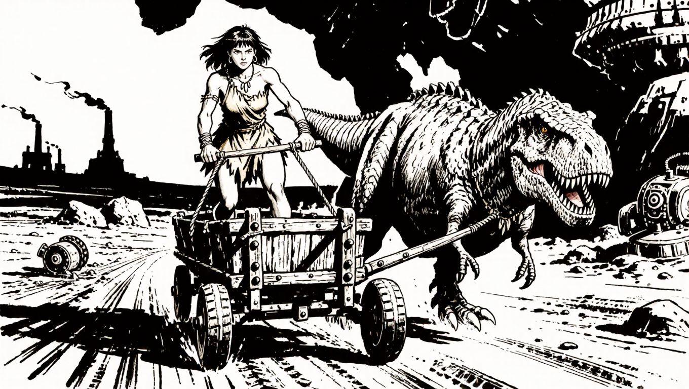 [Black and white ink comic art of a fierce cavewoman steering a wooden cart pulled by a leashed T-rex across an industrial...