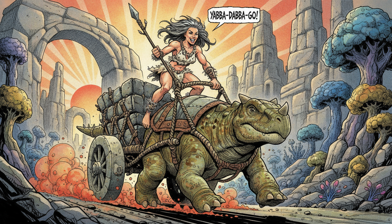 [Comic panel of a cavewoman warrior driving a triceratops cart, shouting "Yabba-Dabba-Go!" through prehistoric ruins at su...