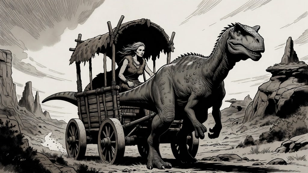Ink illustration of a fur-clad prehistoric woman riding a wagon pulled by a theropod dinosaur through rocky desert badlands.