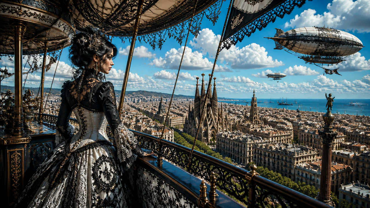 Elegant steampunk woman in a Victorian gown stands on an ornate airship balcony overlooking a fantasy coastal city with fl...