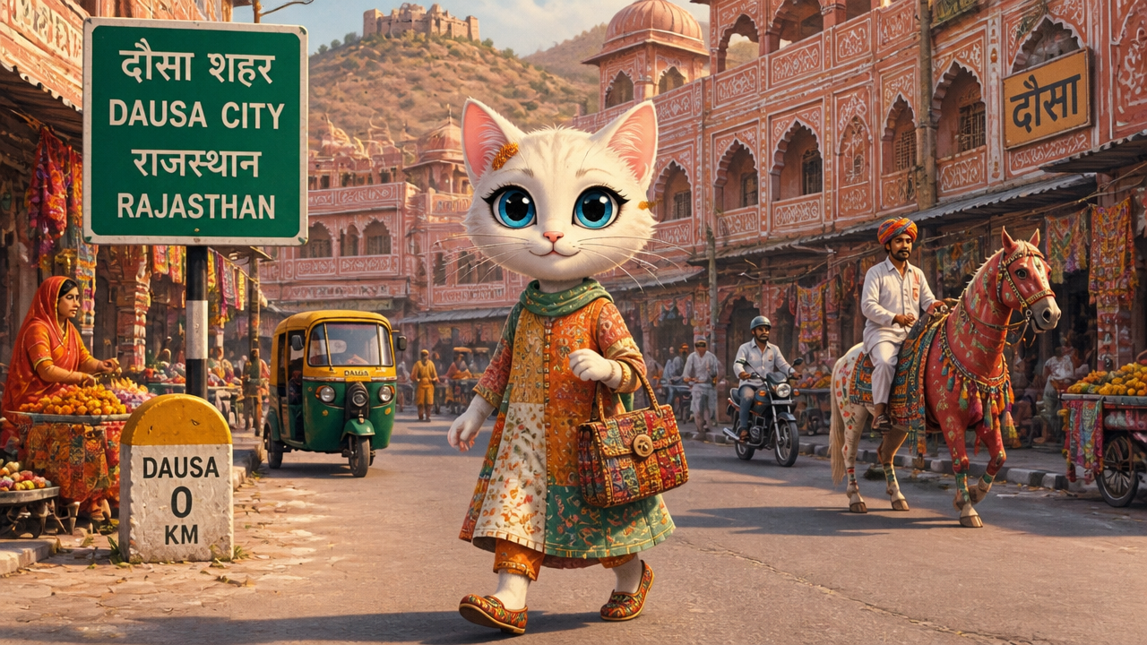 Anthropomorphic white cat in traditional Rajasthani attire walks through busy Dausa, India market street
