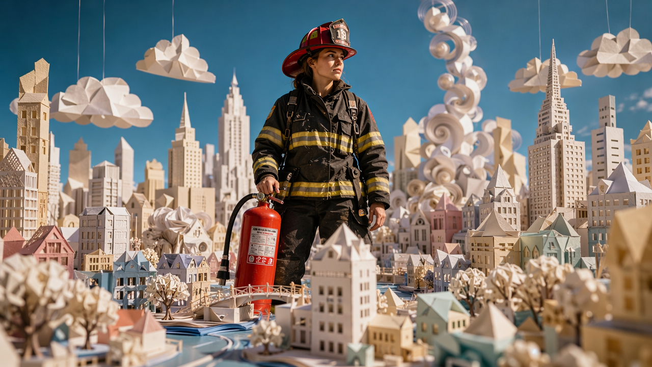 Female firefighter holding a red fire extinguisher stands over an intricate origami paper miniature city with suspended pa...