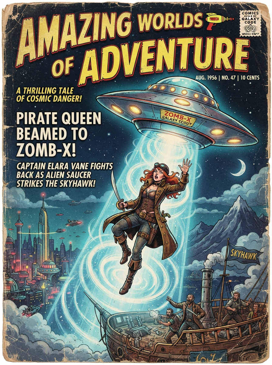 Vintage 1950s sci-fi comic cover showing a steampunk pirate queen being abducted by a flying saucer above her sky airship.