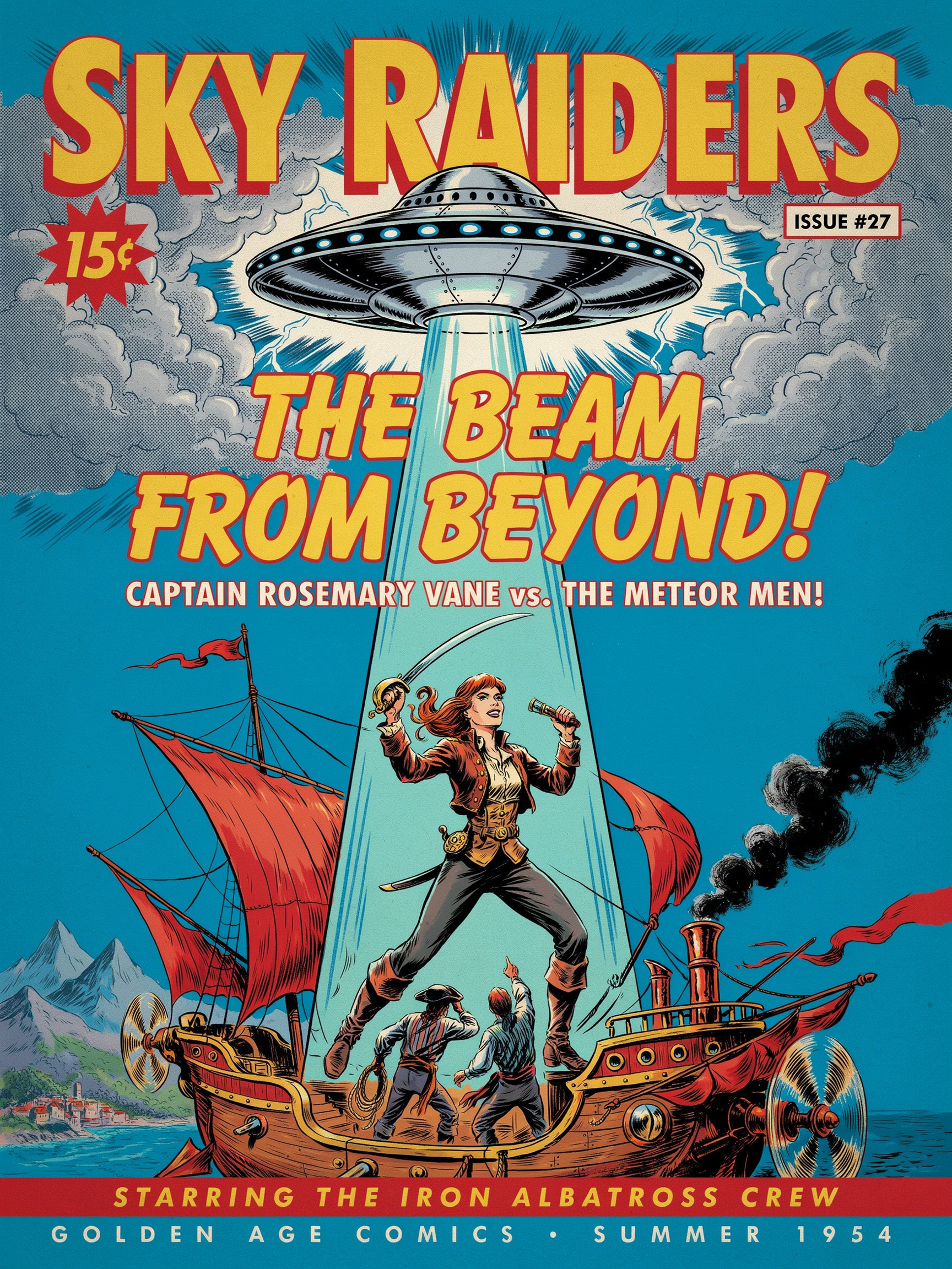 [Vintage Golden Age comic cover: Flying saucer beams up a female pirate captain from a steampunk airship, Sky Raiders Issu...