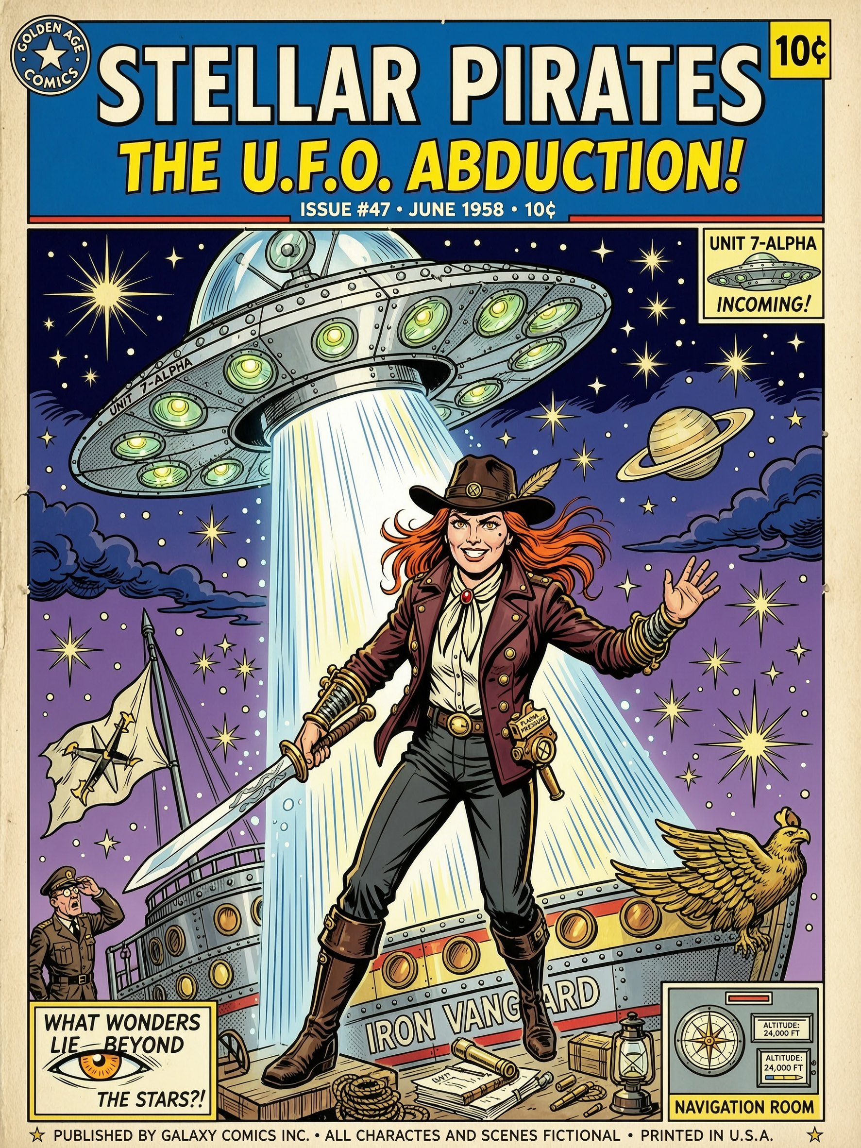 [Vintage 1958 golden age comic cover for Stellar Pirates: The U.F.O. Abduction, featuring a red-haired space pirate and in...