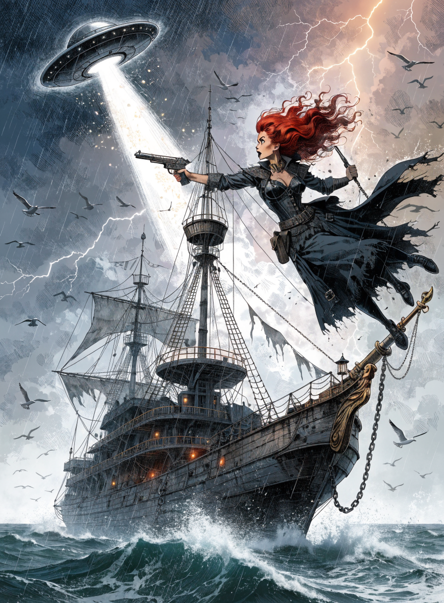 Red-haired female pirate perches on a galleon bow, aiming a pistol at a hovering flying saucer during a stormy ocean thund...