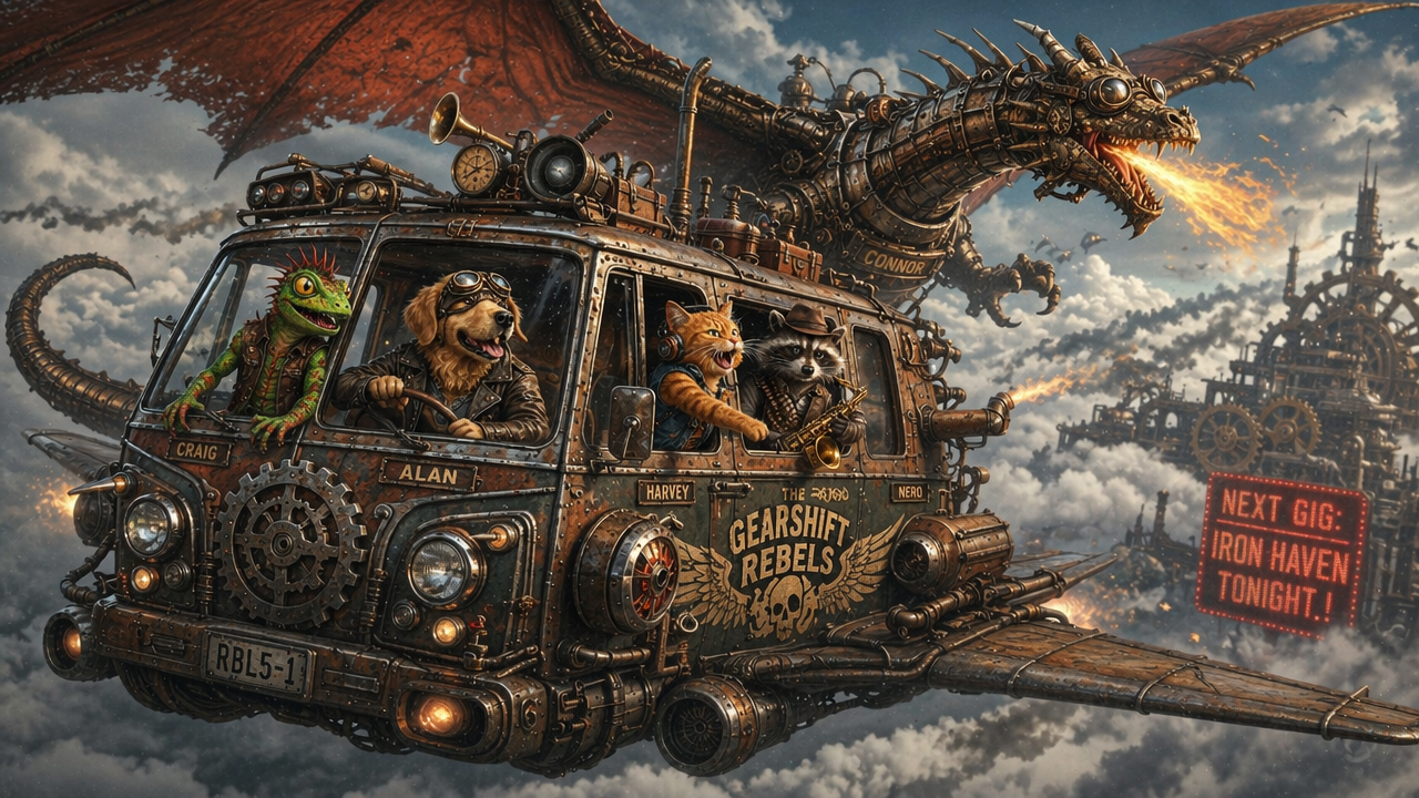 Steampunk flying band van with anthropomorphic animal crew flies alongside a mechanical fire-breathing dragon above cloud ...