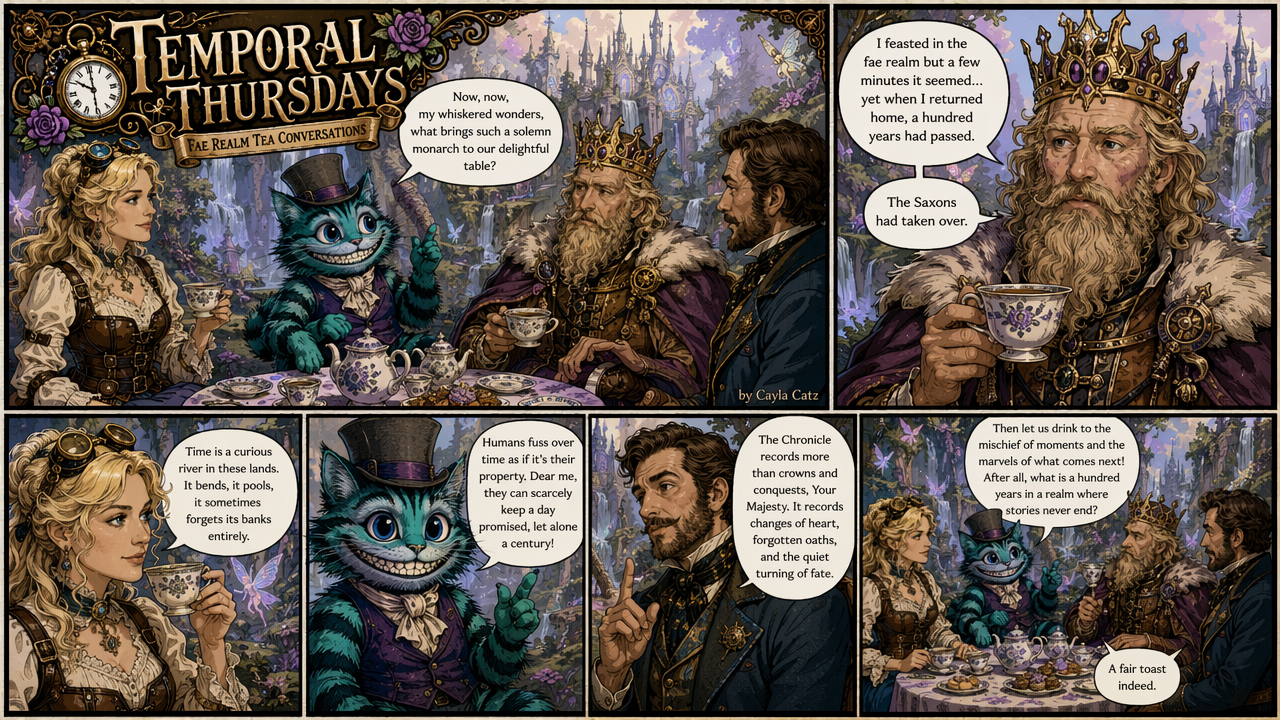 [5-panel fantasy webcomic of a fae realm tea party with Cheshire Cat, steampunk guest, and a crowned king discussing warpe...