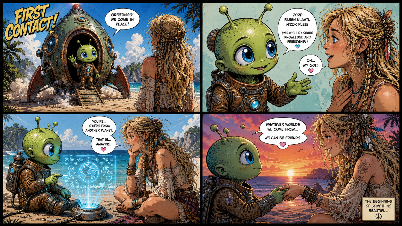 [4-panel comic showing heartwarming peaceful first contact between a cute antennaed green alien and a boho woman on a trop...