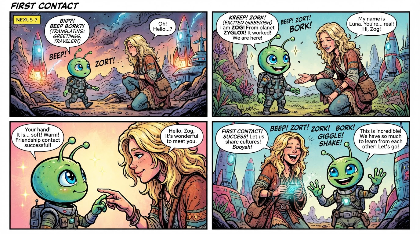 [4-panel sci-fi comic titled First Contact showing a friendly first meeting between a human woman and a cute small green a...