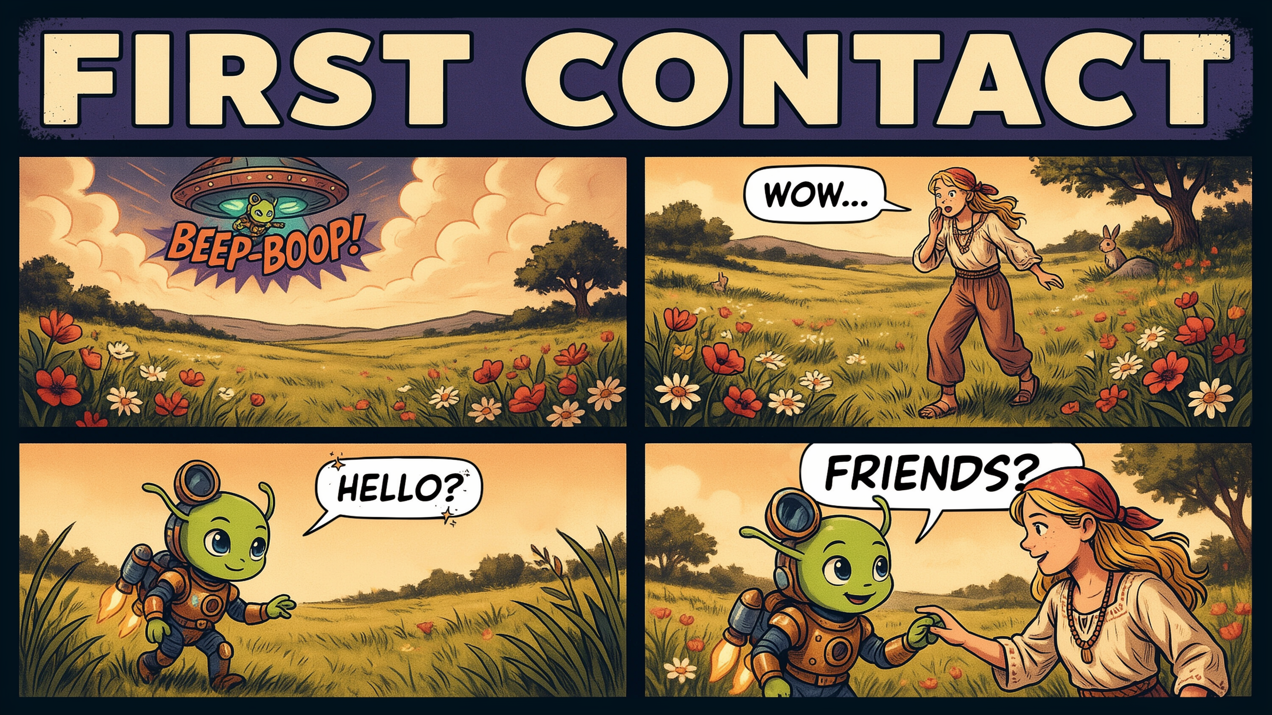 4-panel retro comic titled First Contact showing a friendly alien meeting a surprised woman in a wildflower meadow