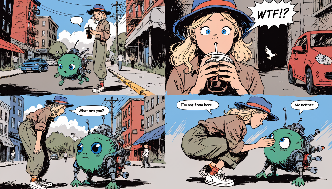 Four panel comic showing a young woman having a heartfelt funny encounter with a round green alien robot on a residential ...