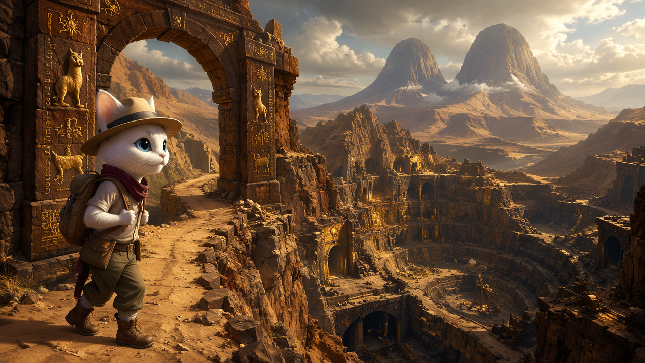 [Anthropomorphic white cat explorer stands at a carved ancient stone arch overlooking vast desert temple ruins and mountai...