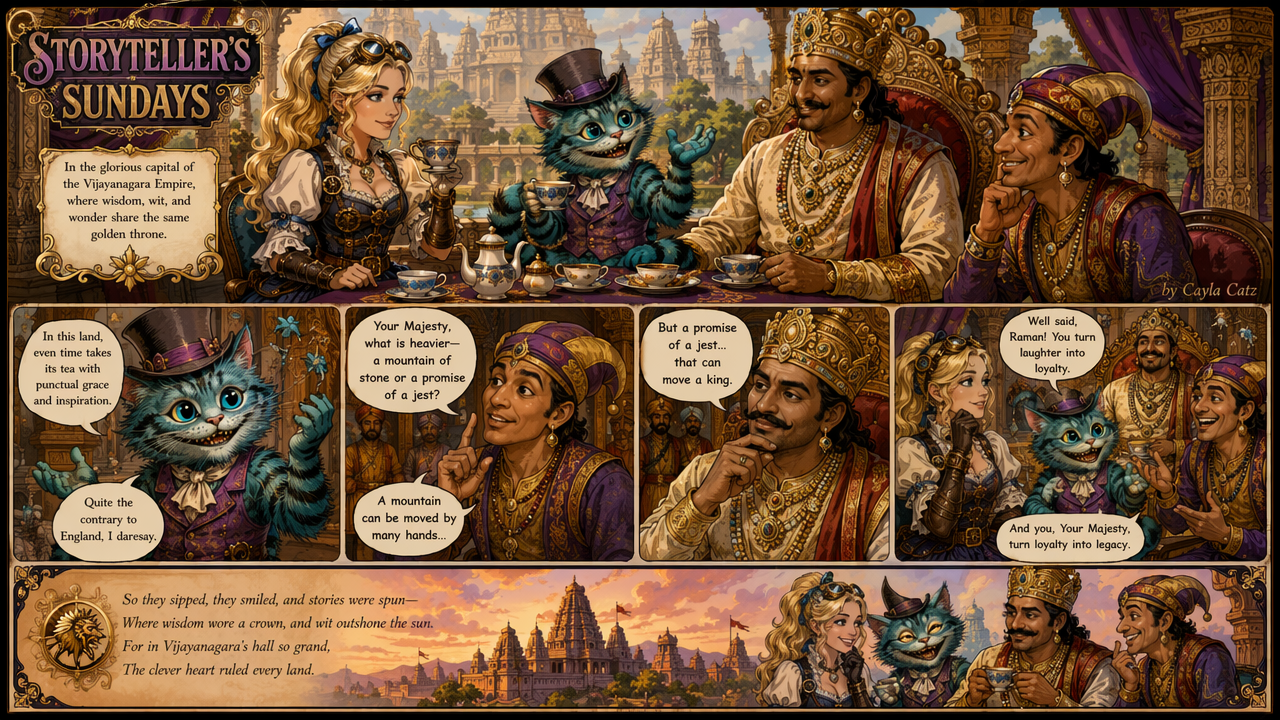 Illustrated Storyteller's Sundays fantasy comic page showing a royal tea gathering with a steampunk woman, teal top-hat ca...