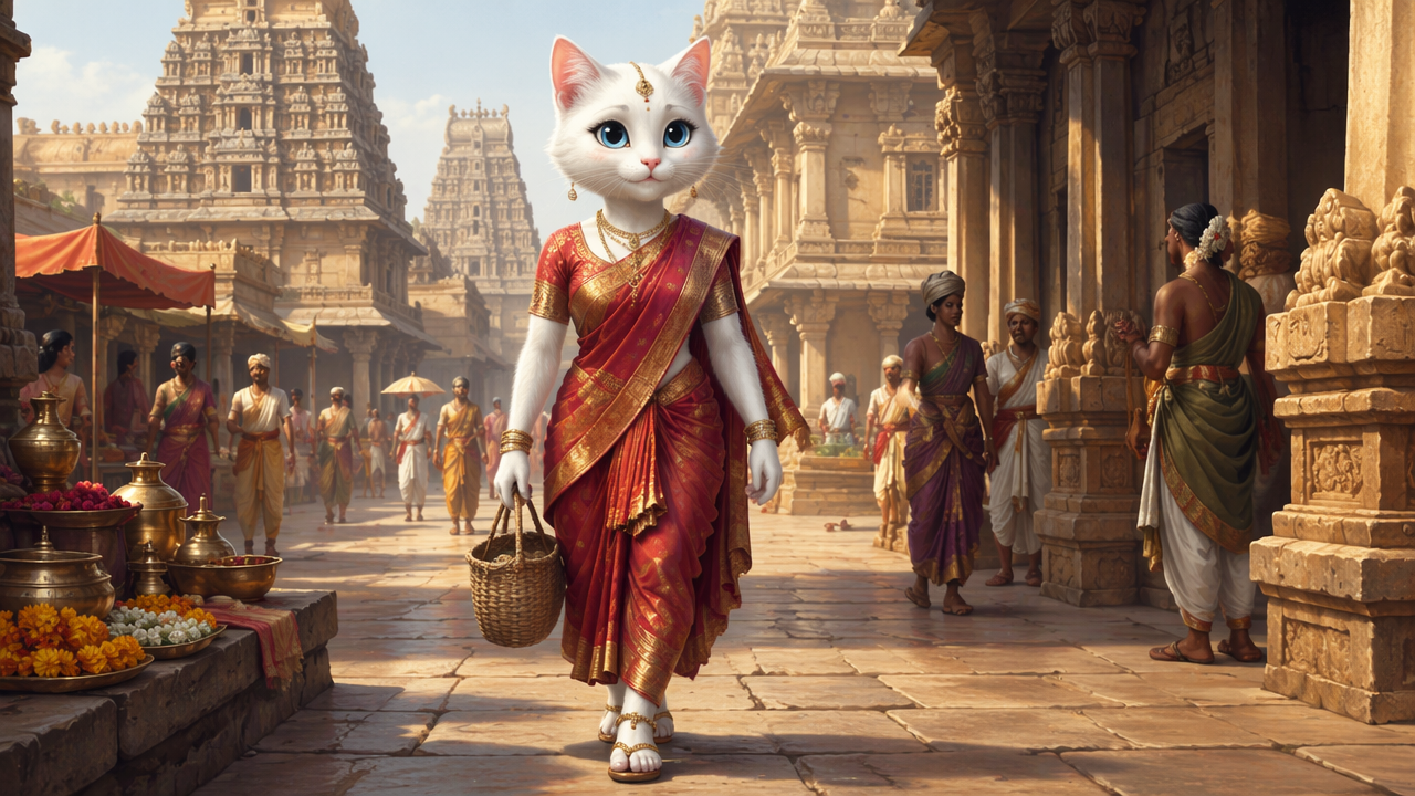 Anthropomorphic white cat in an ornate red saree walks through a sunlit ancient South Indian temple market courtyard