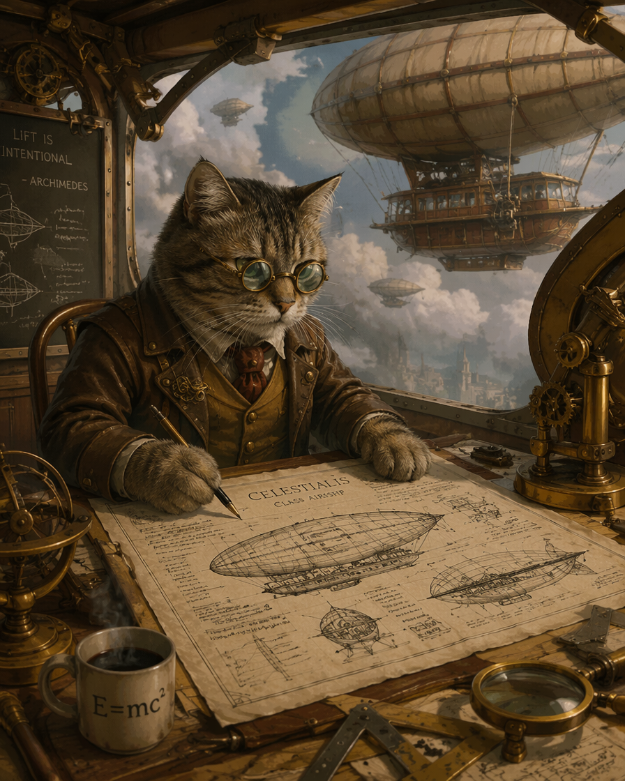 Studious steampunk tabby cat in glasses draws airship blueprints, with airships visible outside his airship cabin window.