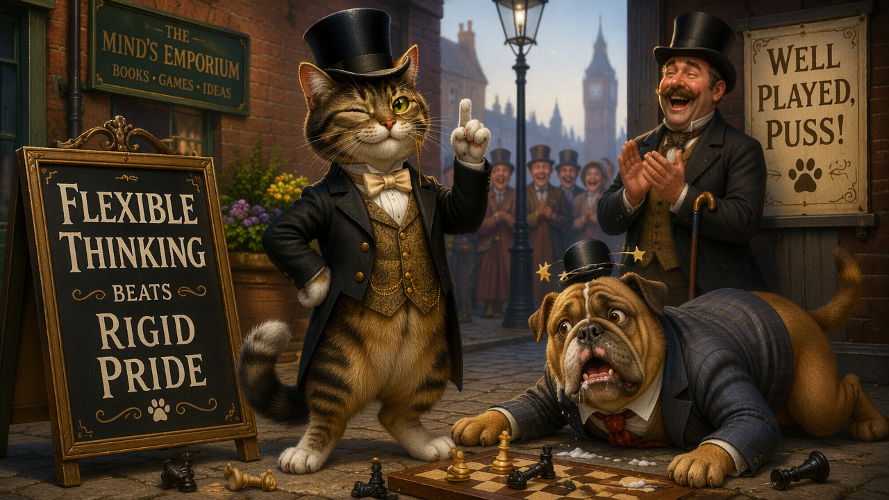 [Triumphant anthropomorphic tabby cat in a top hat winks after beating a stunned bulldog at chess on a Victorian London st...