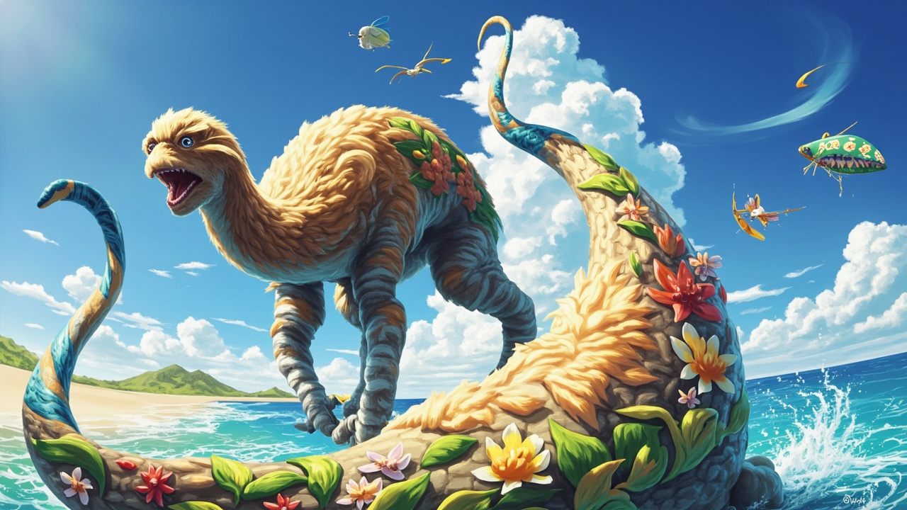 [Feathered flower-covered fantasy long-neck dinosaur stands in turquoise ocean at a sunny tropical beach, with tiny whimsi...