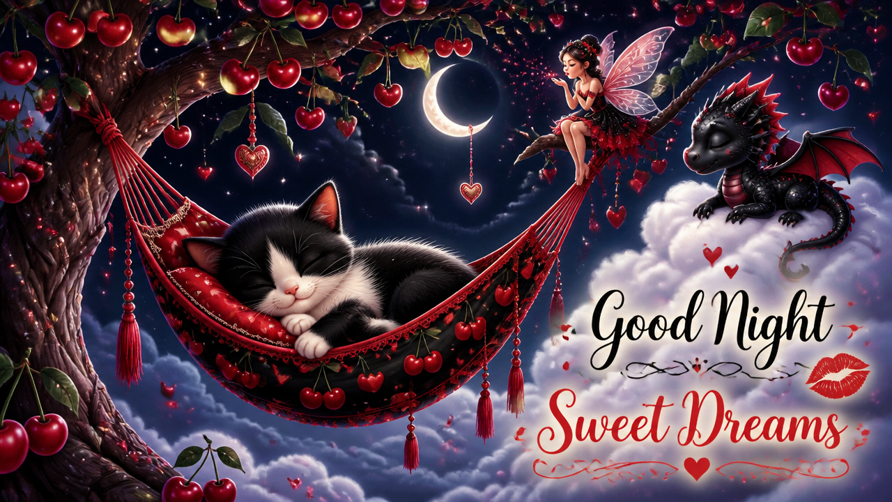 [Peacefully sleeping tuxedo cat in cherry hammock, fairy, baby dragon, crescent moon, "Good Night Sweet Dreams" fantasy ni...