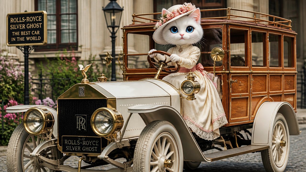 Anthropomorphic white cat in Edwardian hat and gown driving a vintage Rolls-Royce Silver Ghost on a historic cobblestone s...