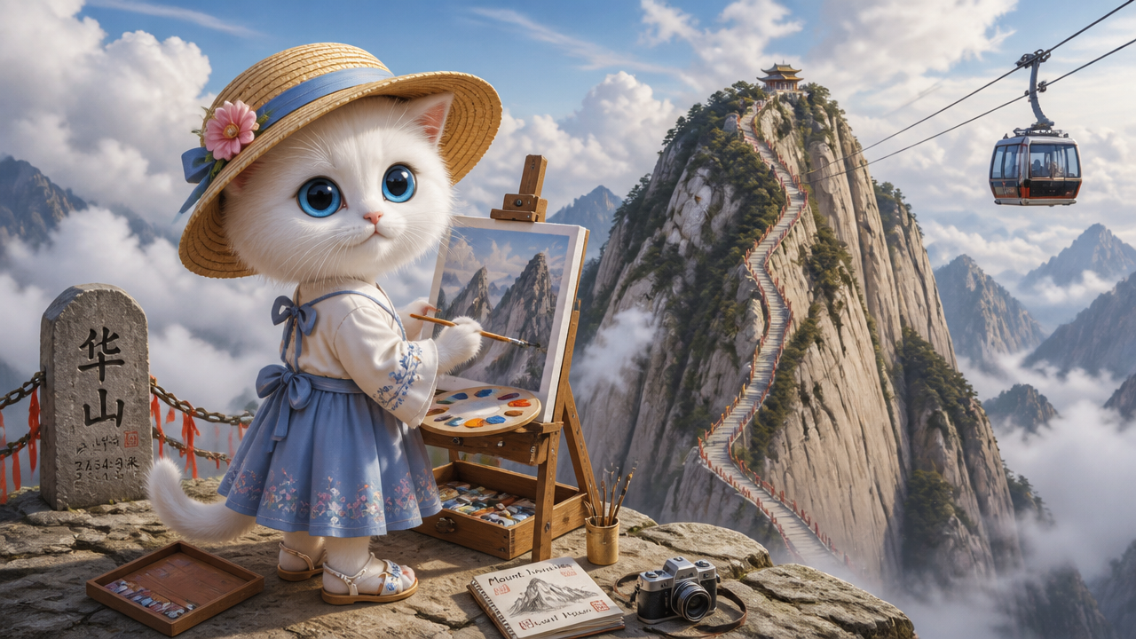 [Anthropomorphic fluffy white cat in a floral straw hat paints a landscape from the summit of China's Mount Hua beside an ...