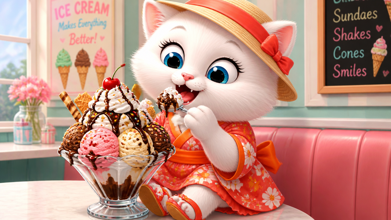 Adorable cartoon white cat in a straw sunhat eats a giant loaded ice cream sundae at a pastel retro ice cream shop.