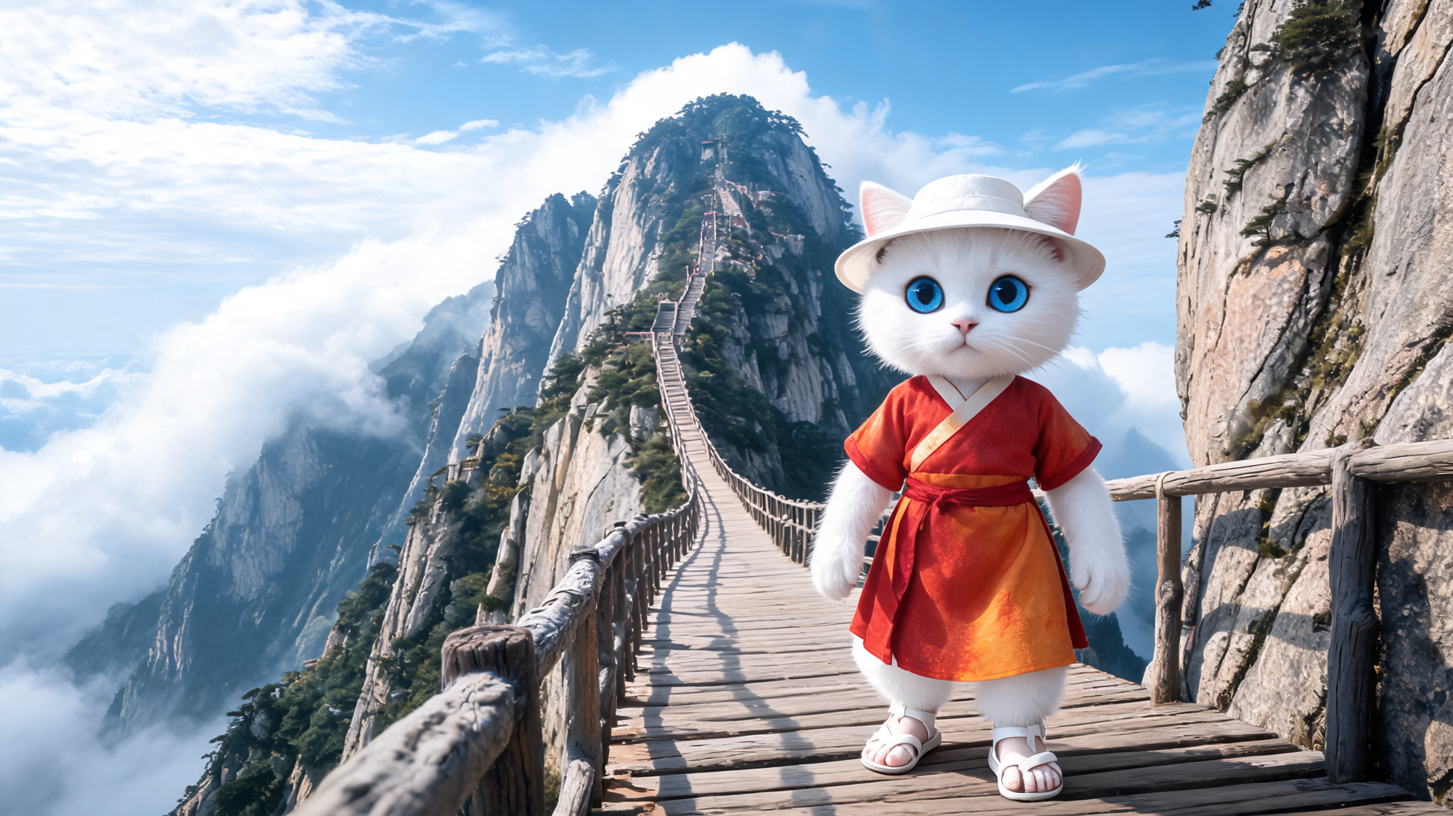 Cute anthropomorphic white cat with bright blue eyes stands on a wooden mountain footbridge above misty rocky peaks