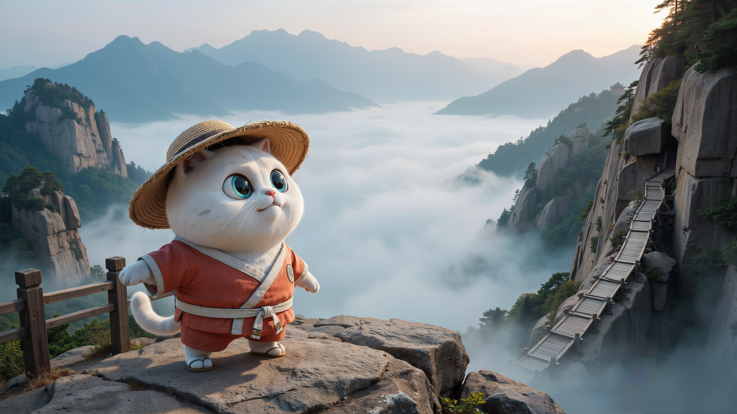 [Cute chibi white cat in a straw hat and traditional robes stands on a mountain overlook above a misty sea of clouds at su...