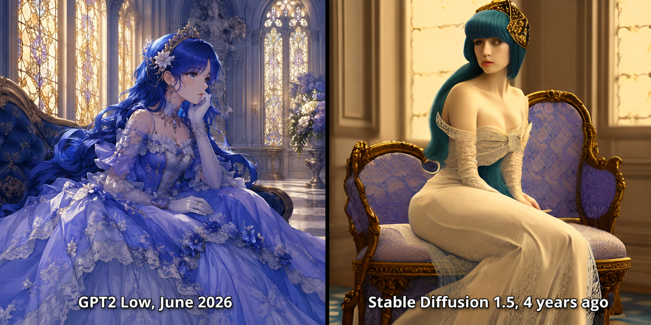 Side-by-side AI art comparison contrasting 2026 GPT-2 and older Stable Diffusion 1.5 fantasy royal character renders
