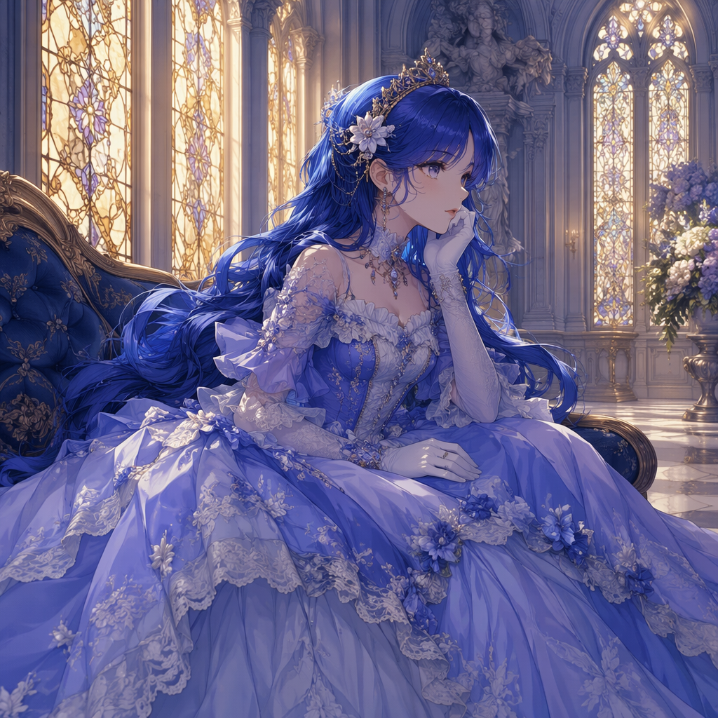 Pensive anime princess with long blue hair in an ornate lace gown sits on a castle sofa by sunlit stained glass windows.