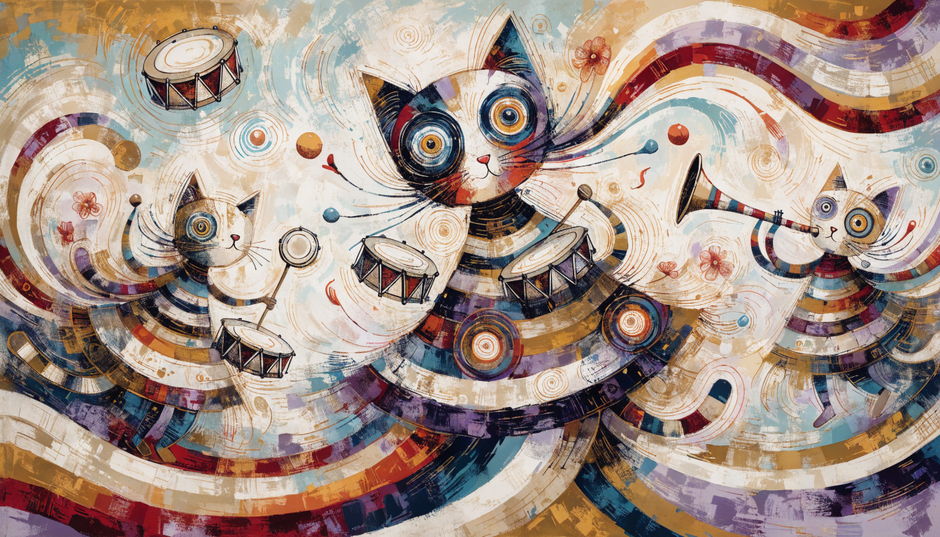 [Abstract whimsical illustration of three wide-eyed musical cats playing drums and trumpet in a swirling colorful patterne...